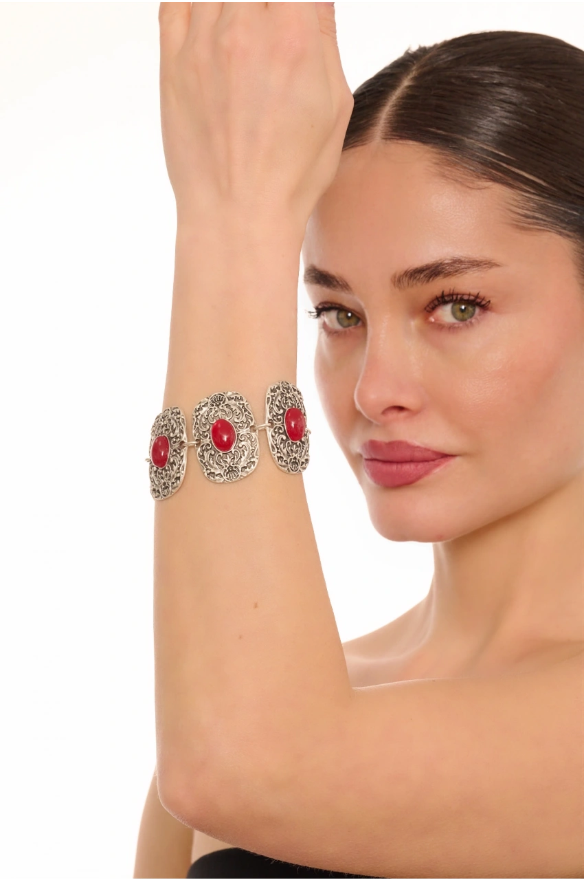 Kiraz Burgundy Stoned Silver Plated Bracelet