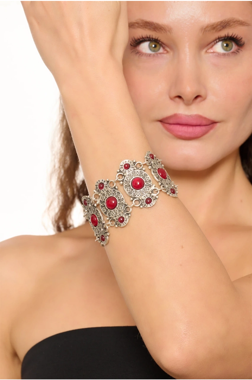 Kiraz Burgundy Stoned Silver Plated Bracelet