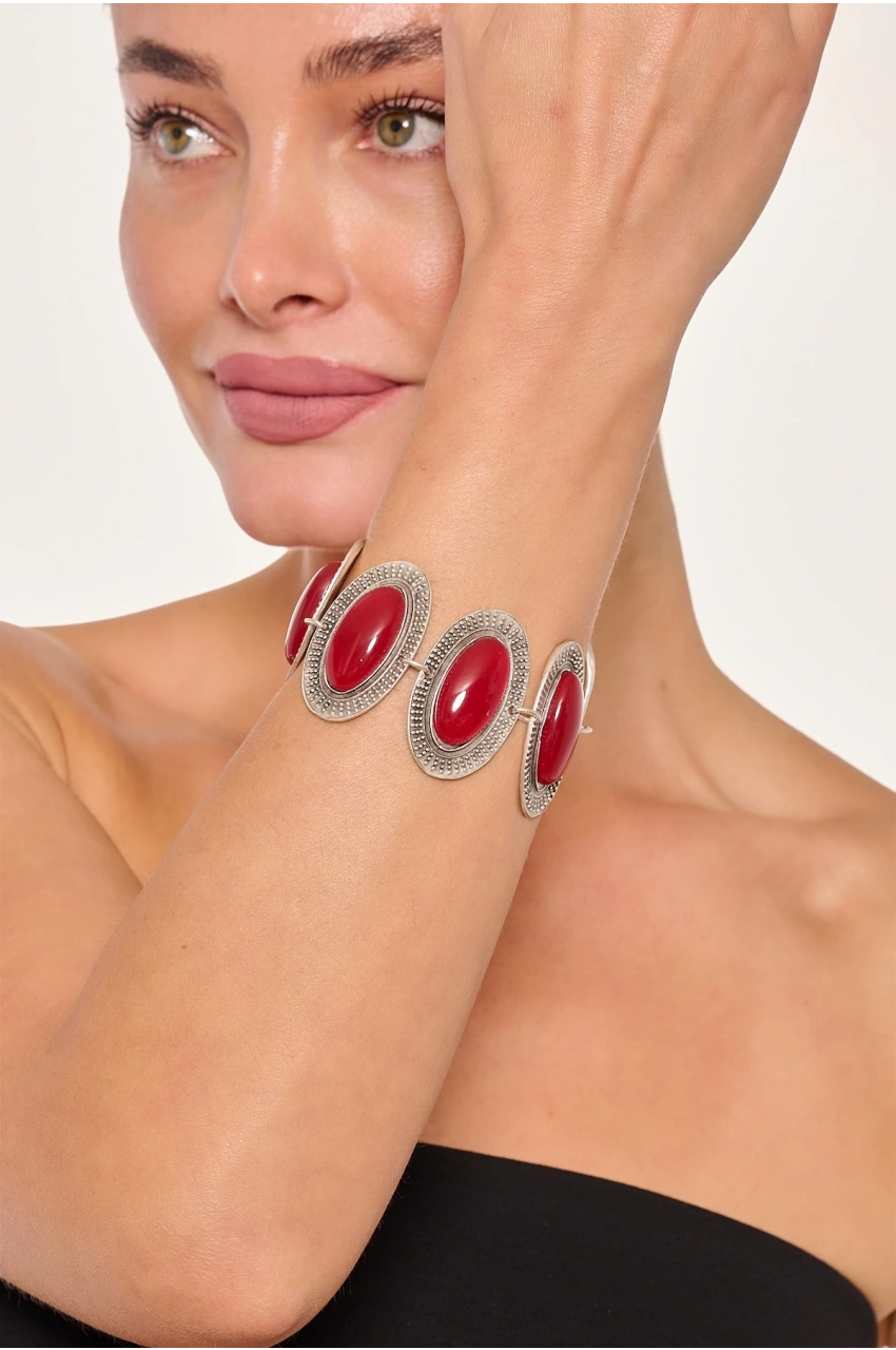 Kiraz Burgundy Stoned Silver Plated Bracelet