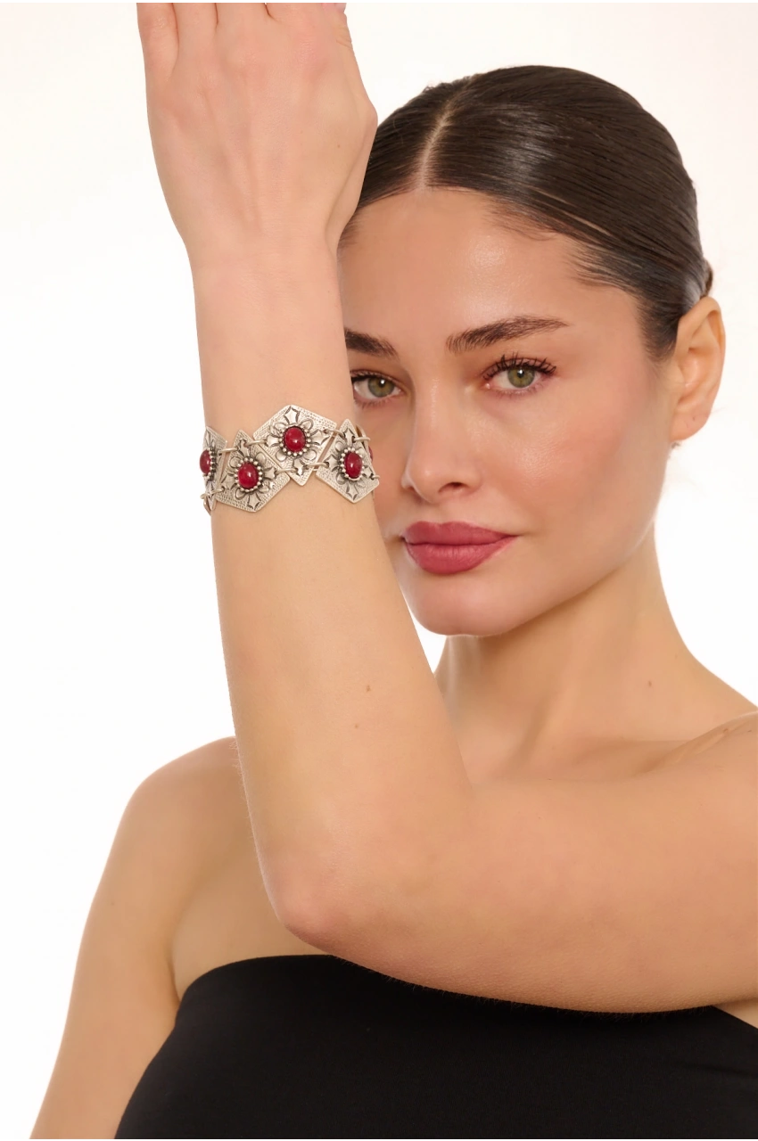 Kiraz Burgundy Stoned Silver Plated Bracelet