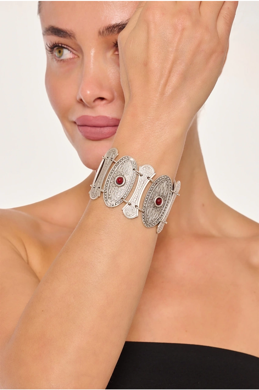 Kiraz Burgundy Stoned Silver Plated Bracelet