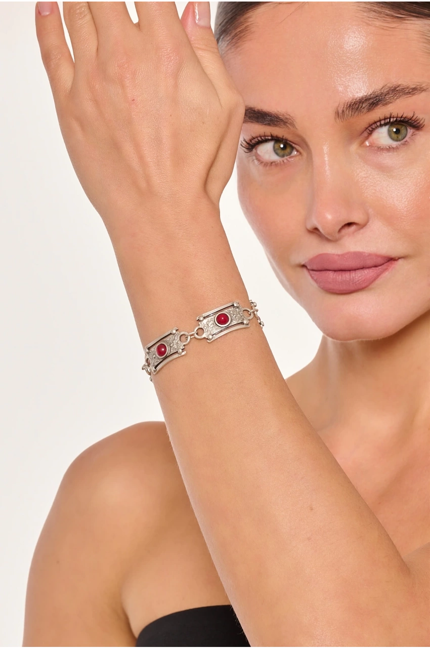 Kiraz Burgundy Stoned Silver Plated Bracelet