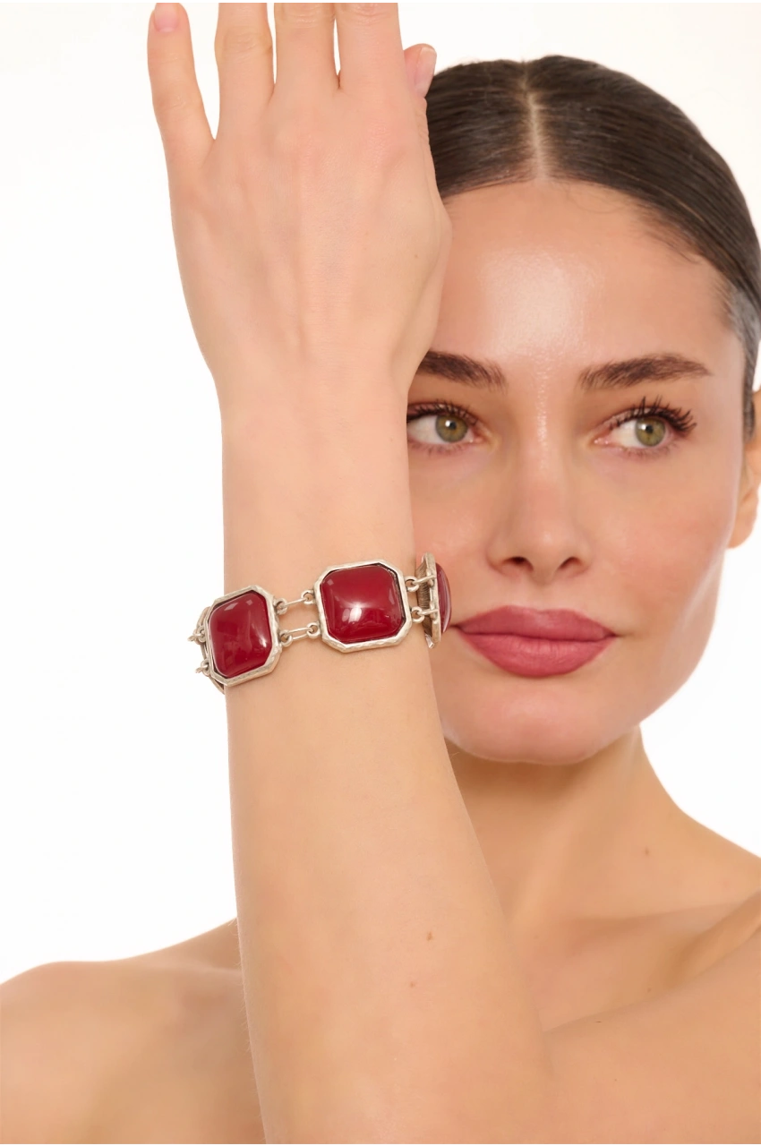 Kiraz Burgundy Stoned Silver Plated Bracelet