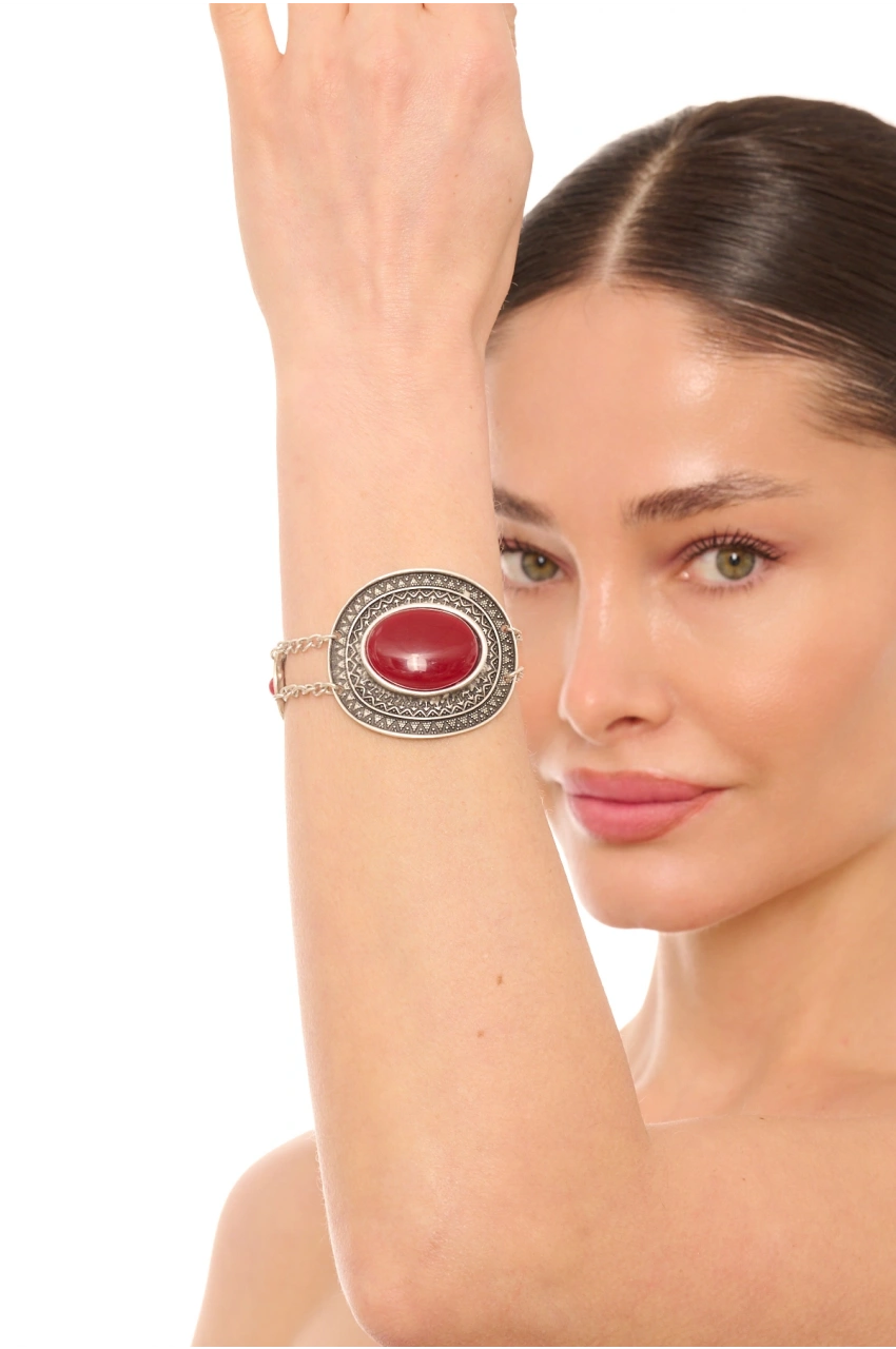 Kiraz Burgundy Stoned Silver Plated Bracelet