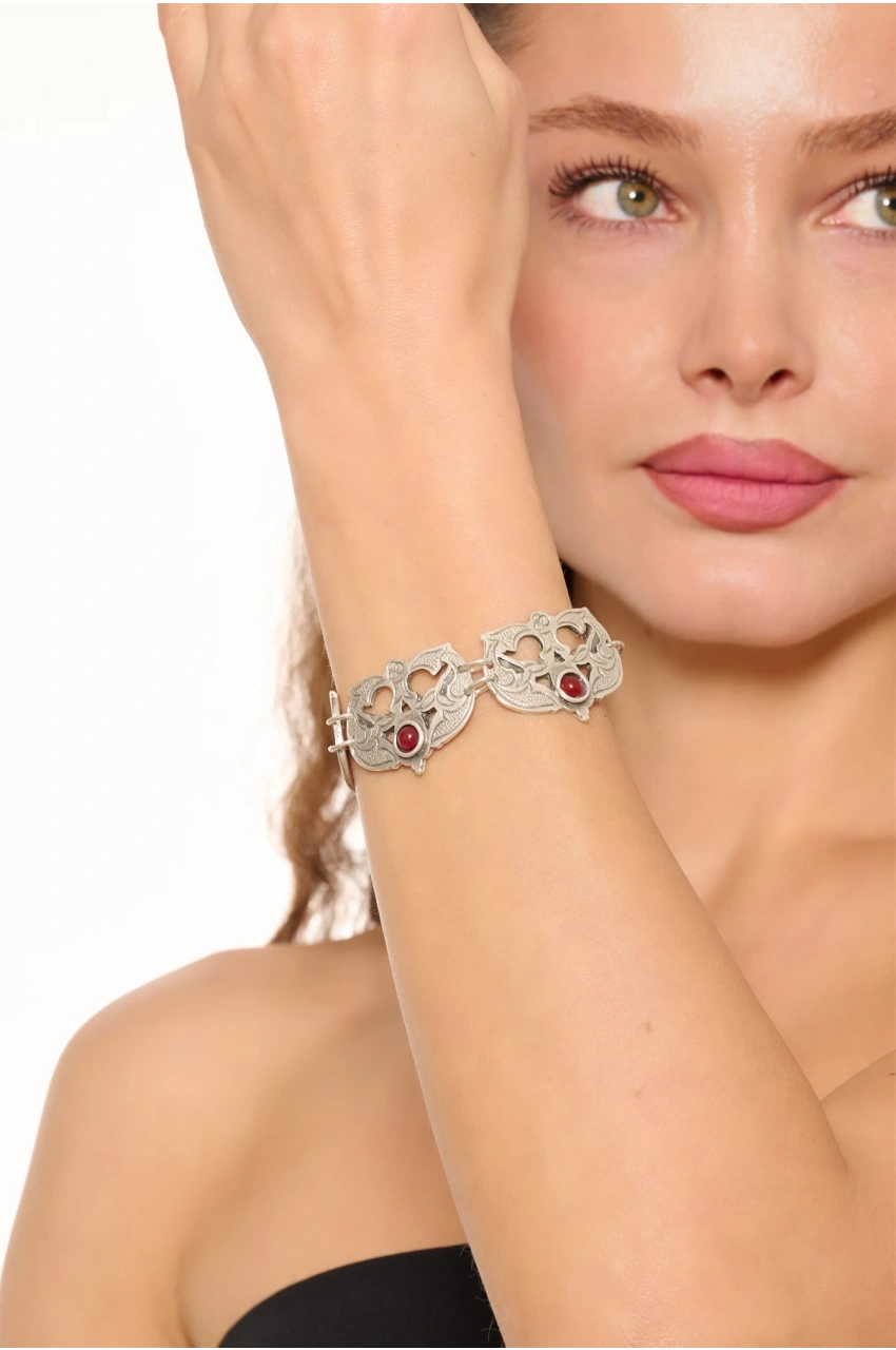 Kiraz Burgundy Stoned Silver Plated Bracelet