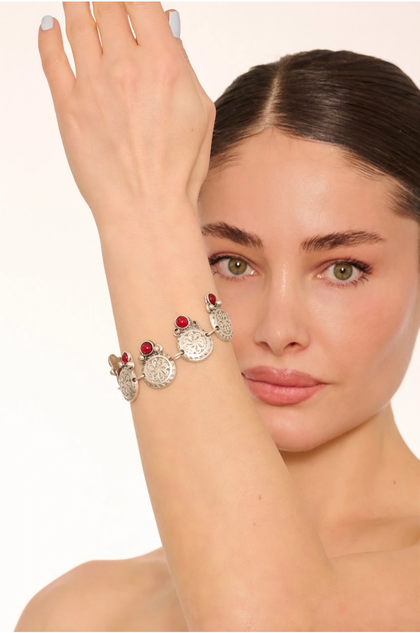 Kiraz Burgundy Stoned Silver Plated Bracelet