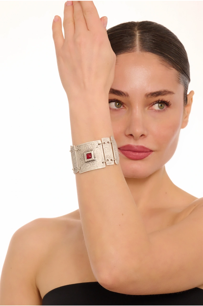 Kiraz Burgundy Stoned Silver Plated Bracelet