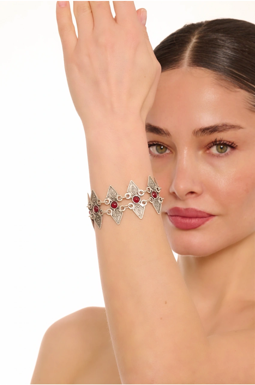 Kiraz Burgundy Stoned Silver Plated Bracelet