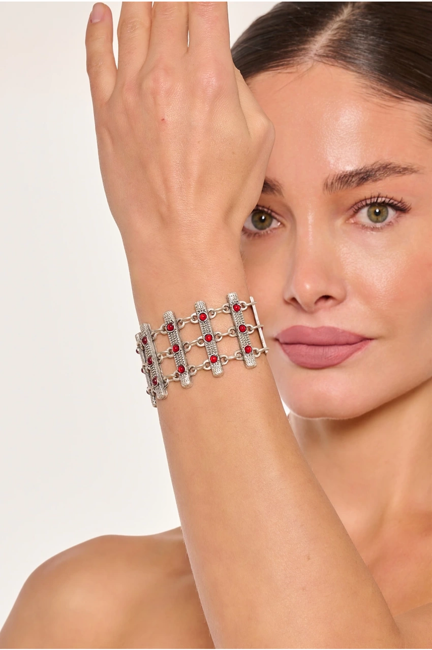 Kiraz Burgundy Stoned Silver Plated Bracelet