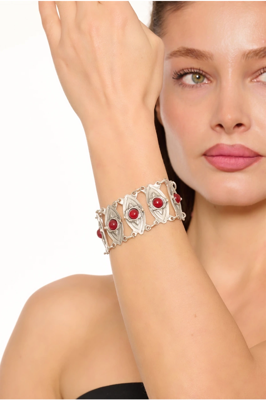 Kiraz Burgundy Stoned Silver Plated Bracelet