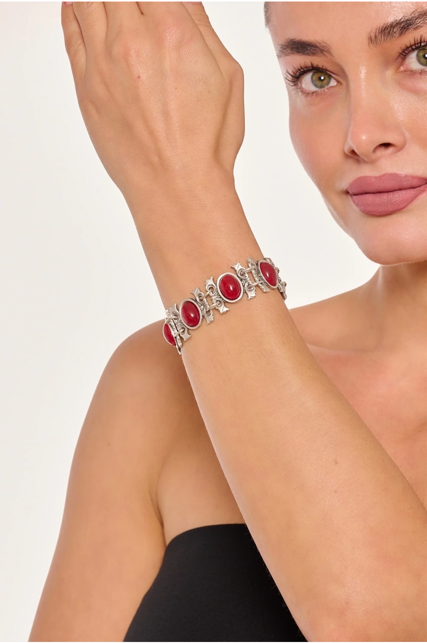 Kiraz Burgundy Stoned Silver Plated Bracelet