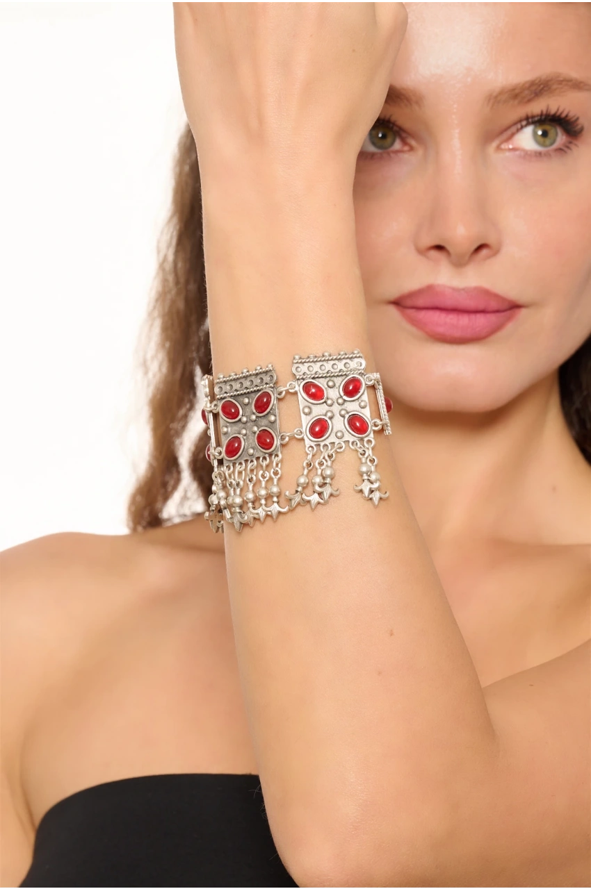 Kiraz Burgundy Stoned Silver Plated Bracelet