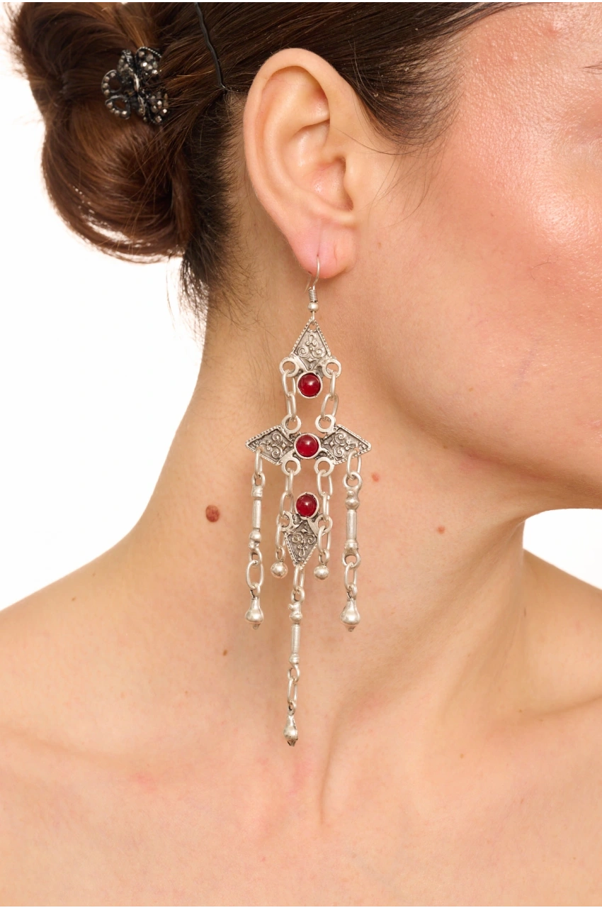 Kiraz Burgundy Stoned Silver Plated Dangling Earring