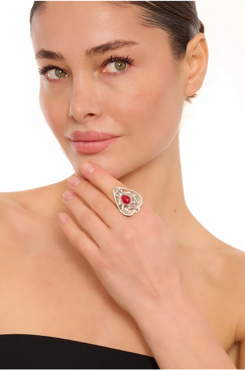 Kiraz Burgundy Stoned Silver Plated Drop Ring