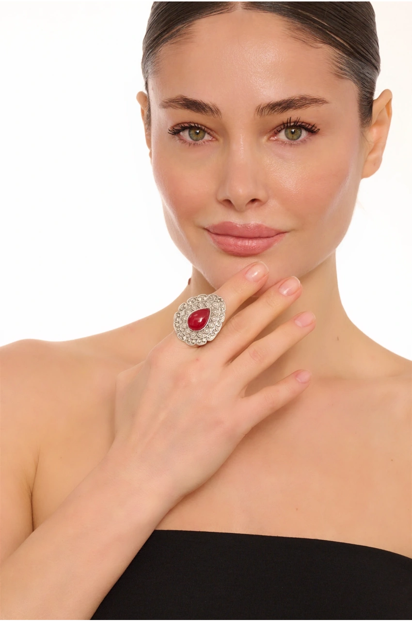 Kiraz Burgundy Stoned Silver Plated Drop Ring