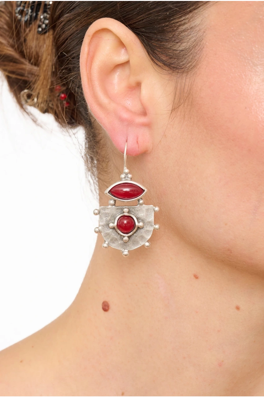 Kiraz Burgundy Stoned Silver Plated Earring
