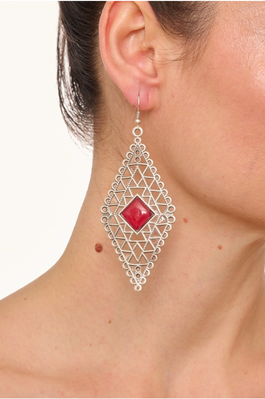 Kiraz Burgundy Stoned Silver Plated Earring