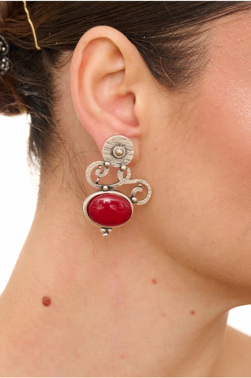 Kiraz Burgundy Stoned Silver Plated Earring