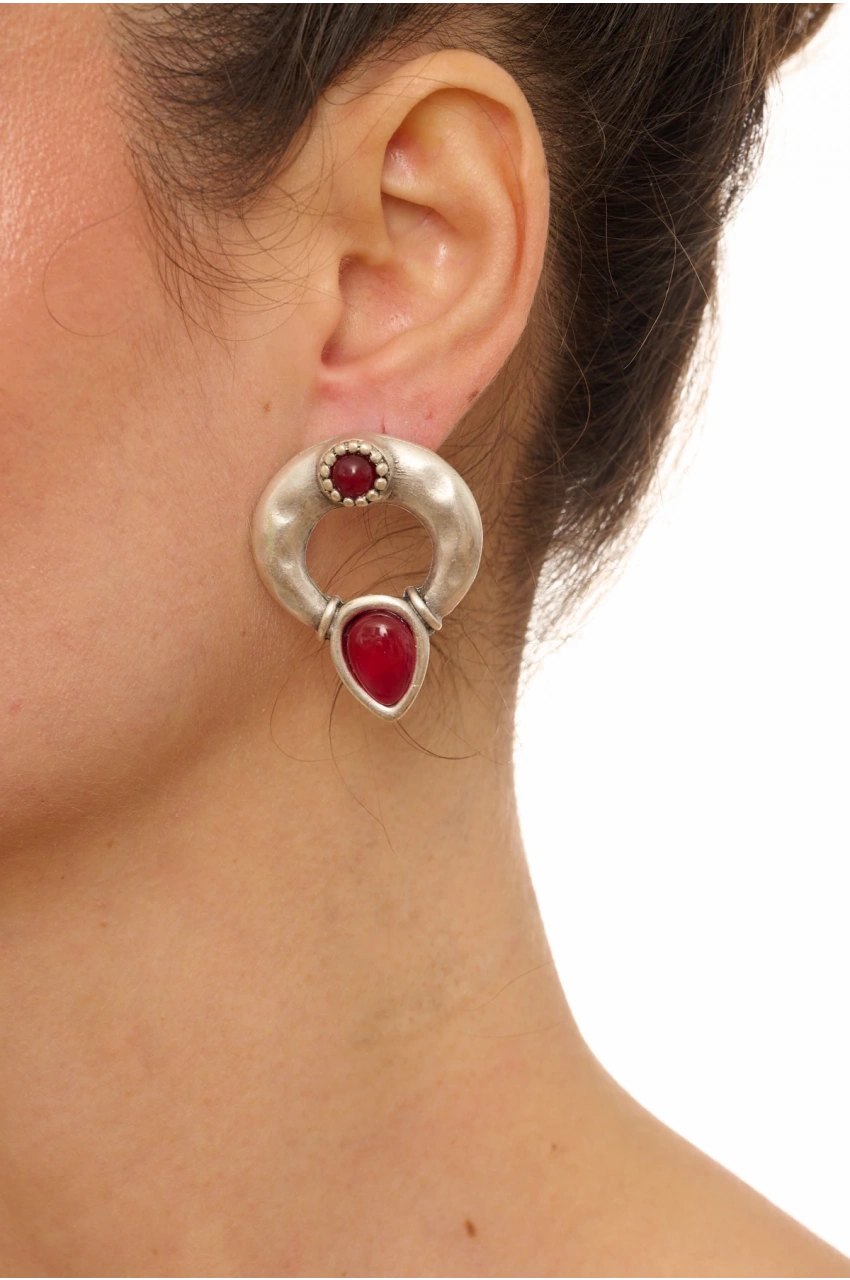 Kiraz Burgundy Stoned Silver Plated Earring