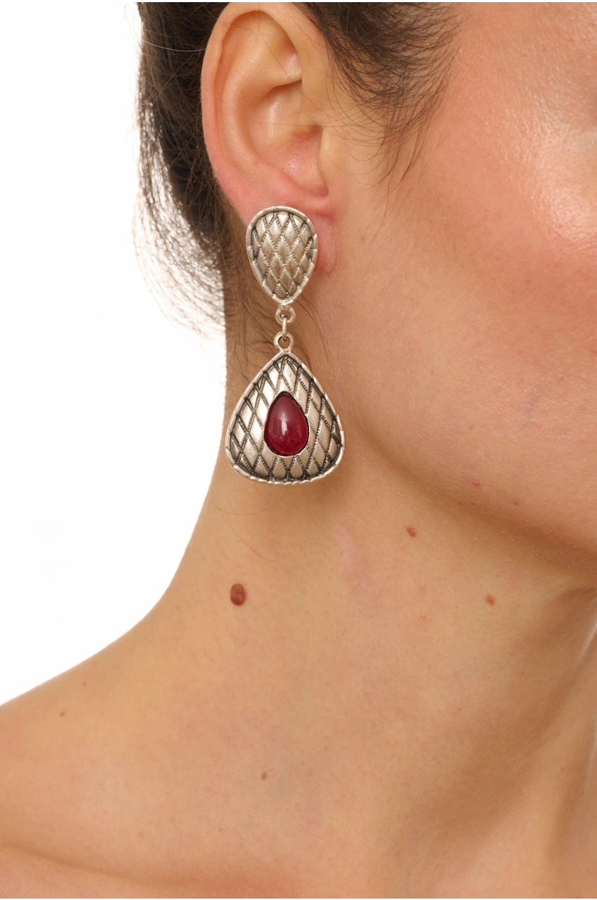 Kiraz Burgundy Stoned Silver Plated Earring