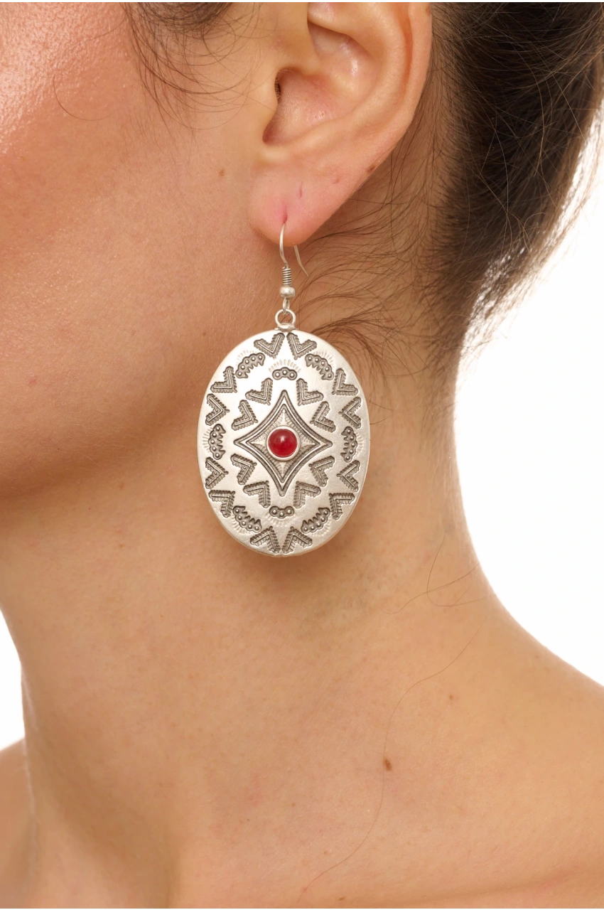 Kiraz Burgundy Stoned Silver Plated Earring