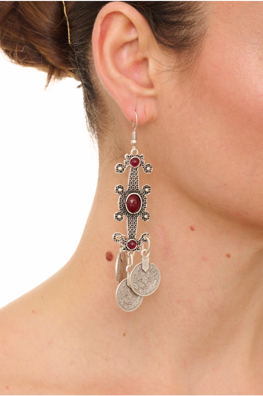Kiraz Burgundy Stoned Silver Plated Earring