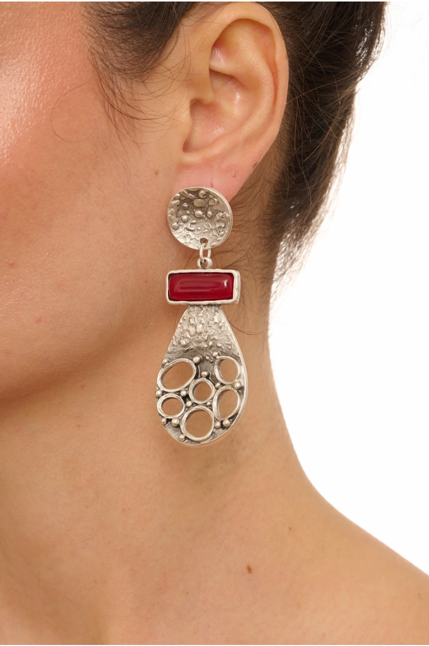 Kiraz Burgundy Stoned Silver Plated Earring