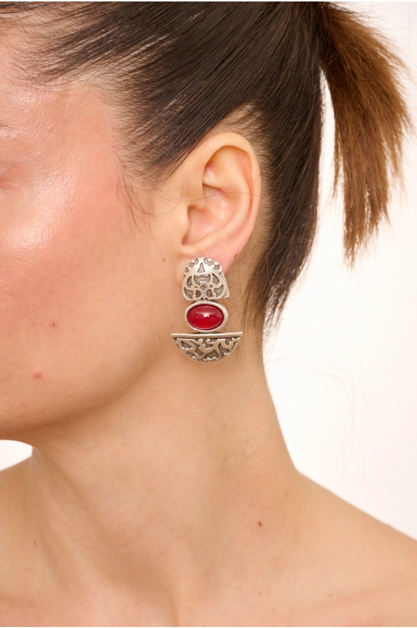 Kiraz Burgundy Stoned Silver Plated Earring