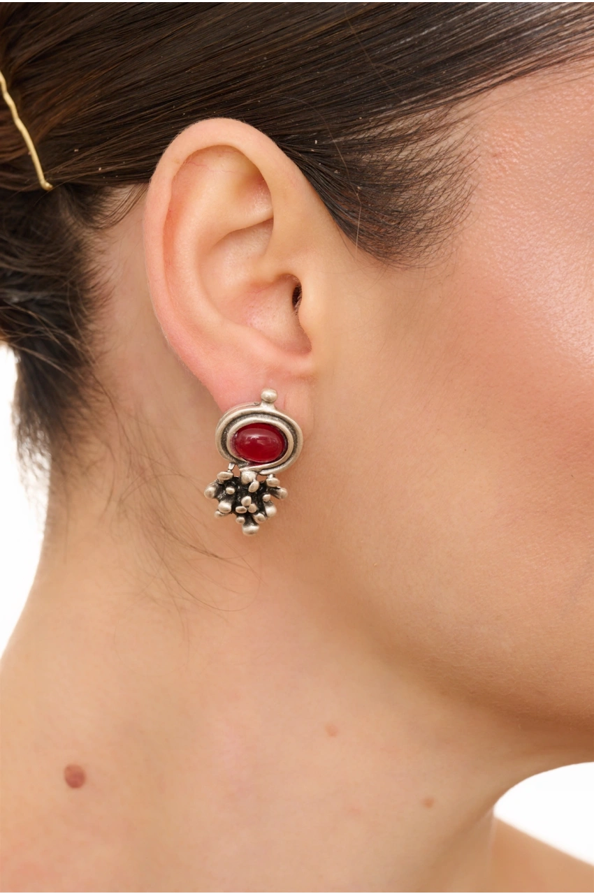 Kiraz Burgundy Stoned Silver Plated Earring