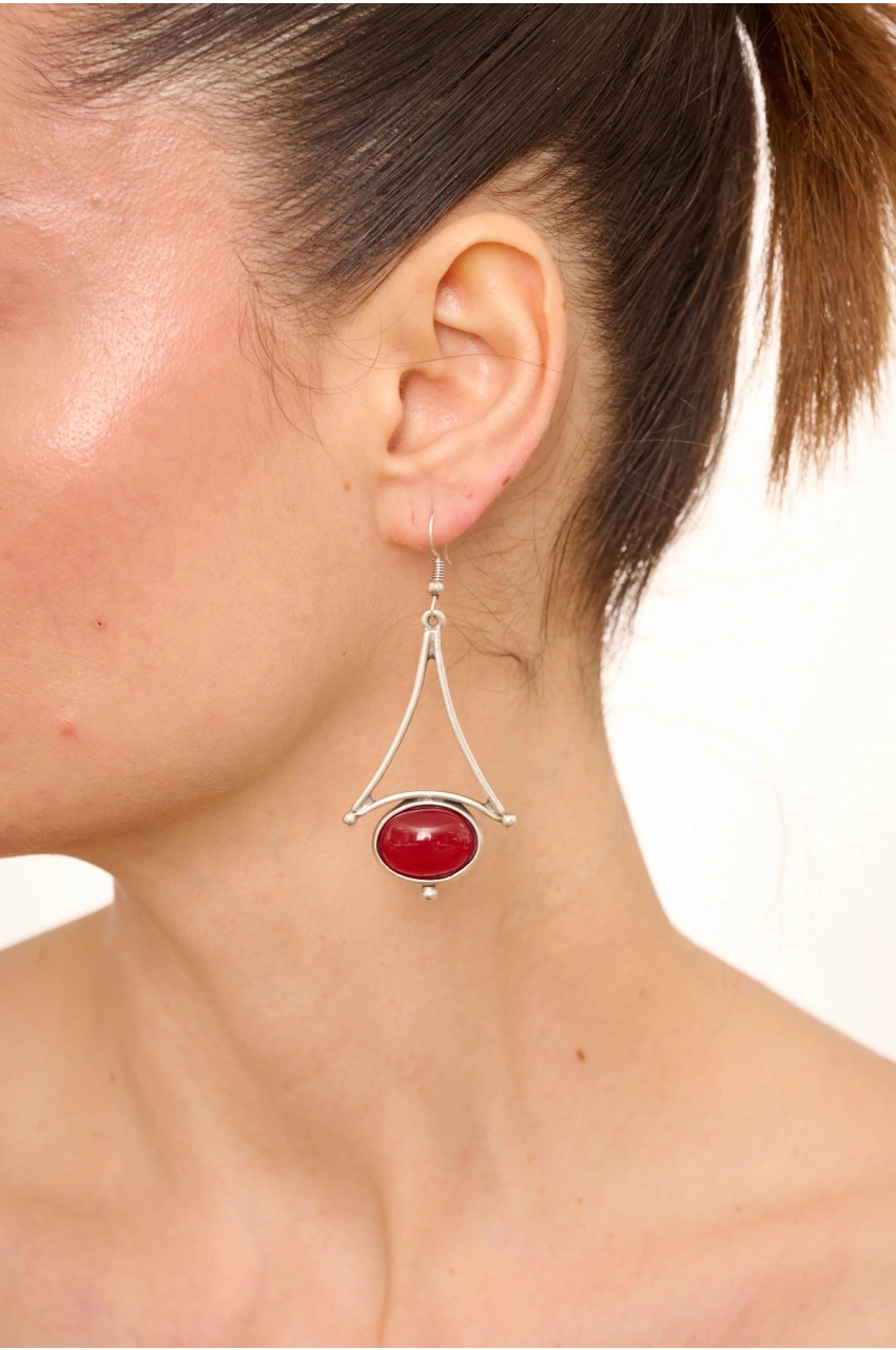Kiraz Burgundy Stoned Silver Plated Earring