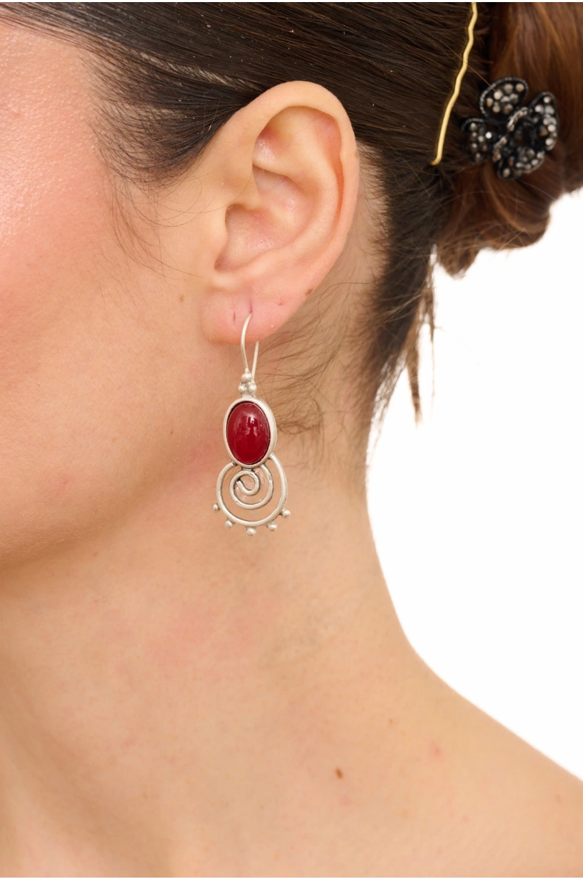 Kiraz Burgundy Stoned Silver Plated Earring