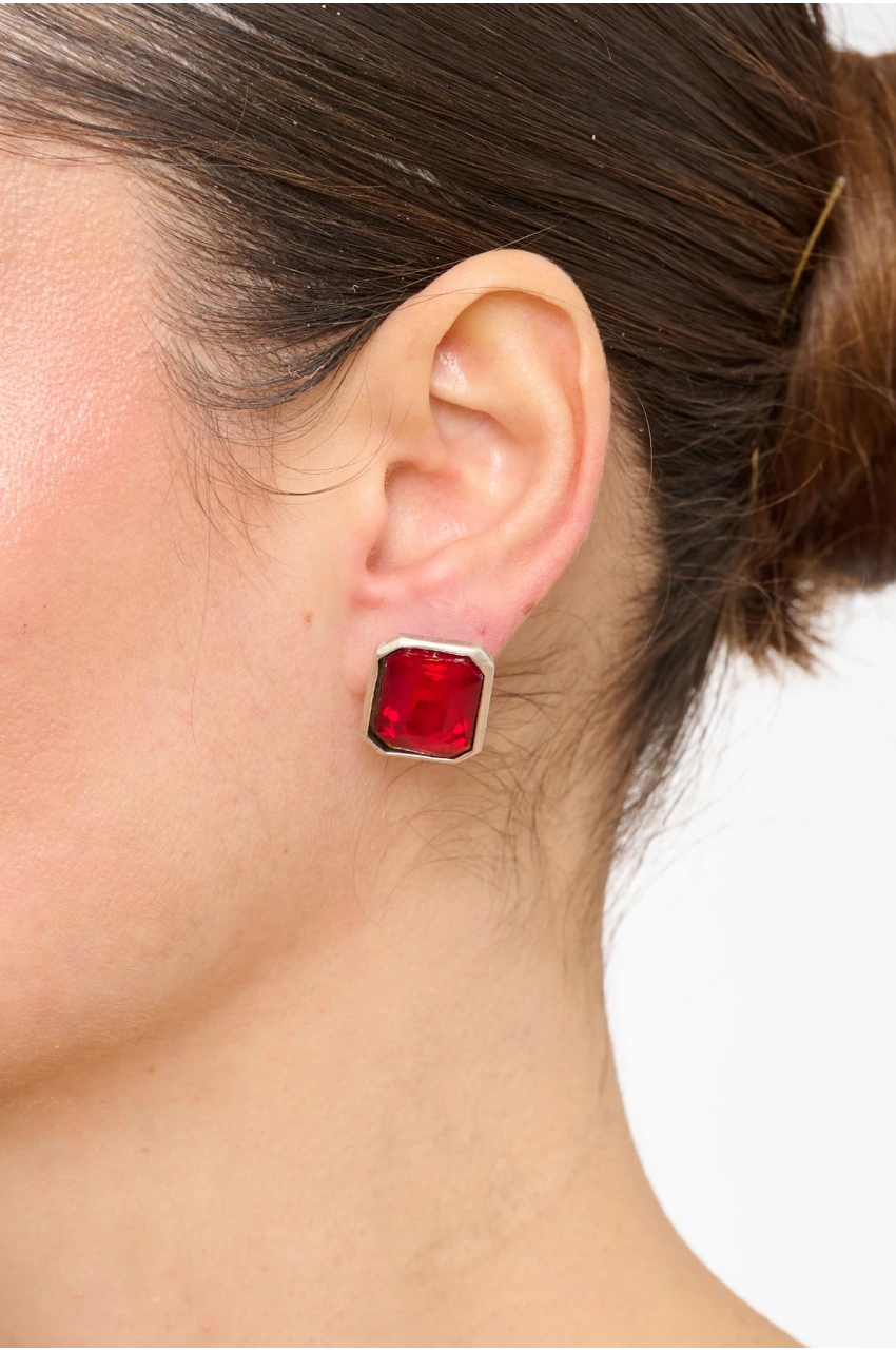 Kiraz Burgundy Stoned Silver Plated Earring