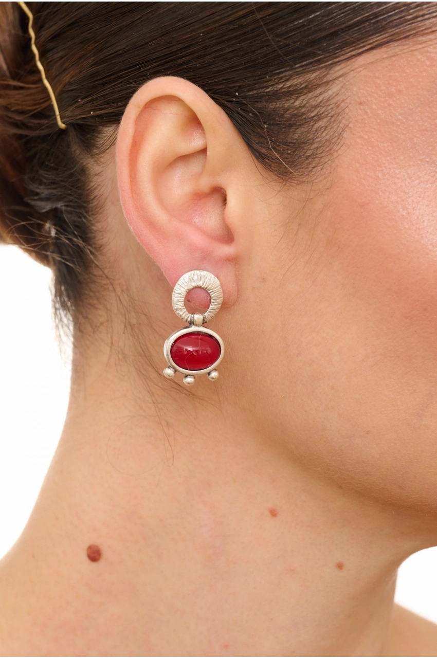 Kiraz Burgundy Stoned Silver Plated Earring