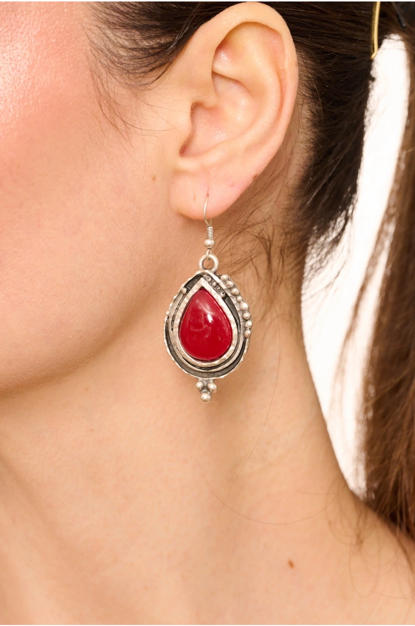 Kiraz Burgundy Stoned Silver Plated Earring