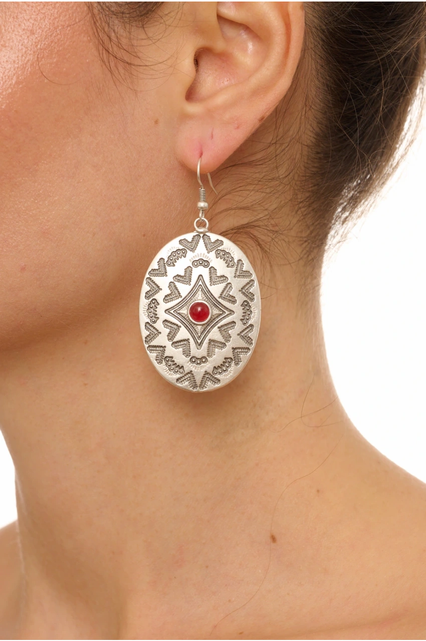 Kiraz Burgundy Stoned Silver Plated Earring