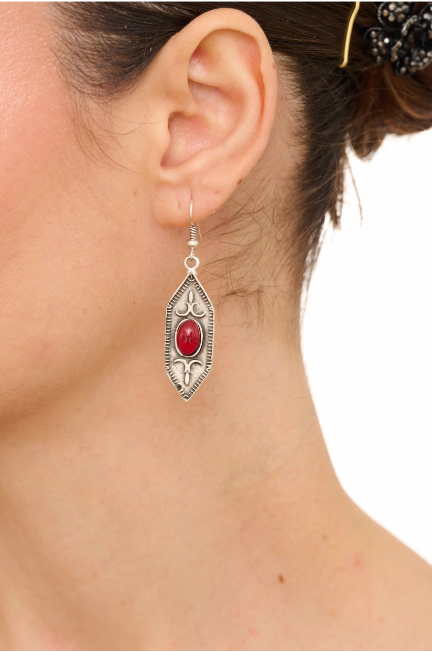 Kiraz Burgundy Stoned Silver Plated Earring