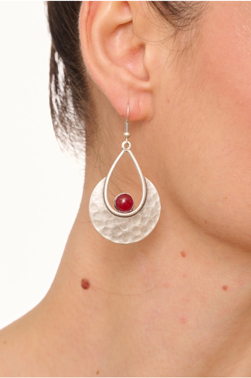 Kiraz Burgundy Stoned Silver Plated Earring