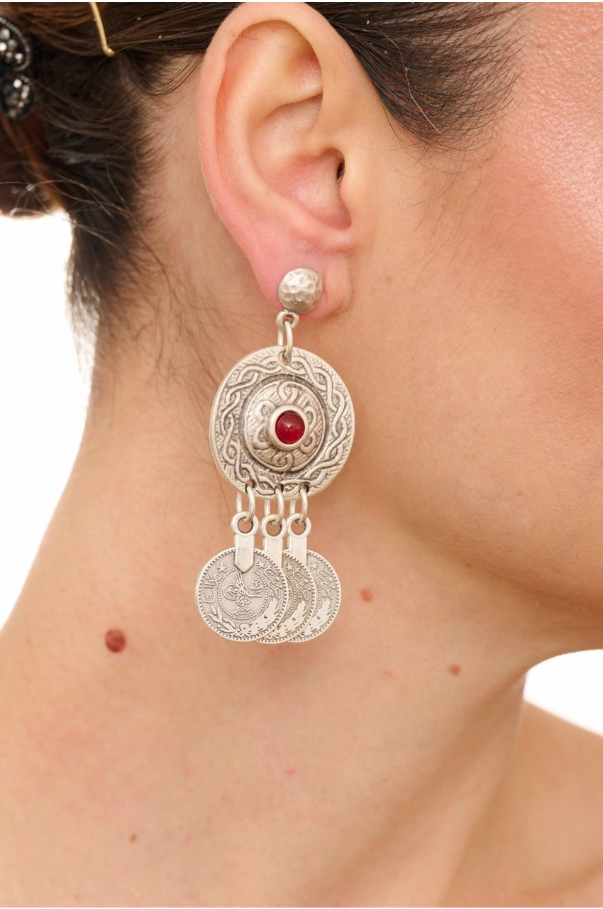 Kiraz Burgundy Stoned Silver Plated Earring