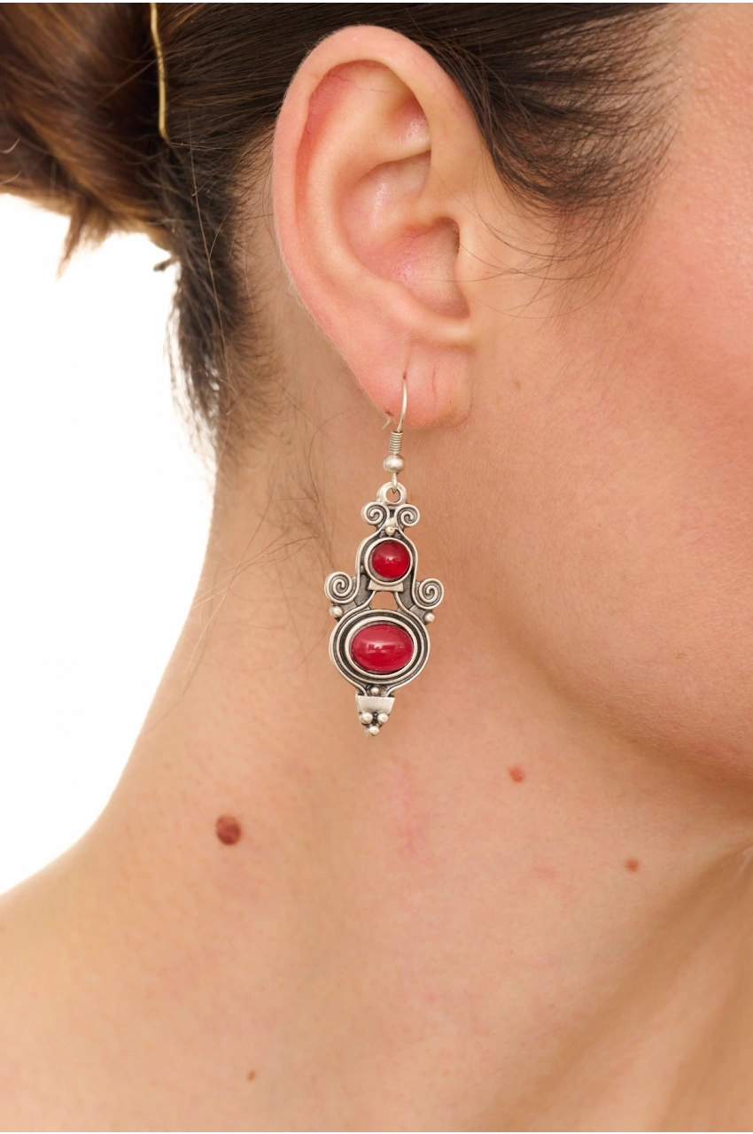 Kiraz Burgundy Stoned Silver Plated Earring