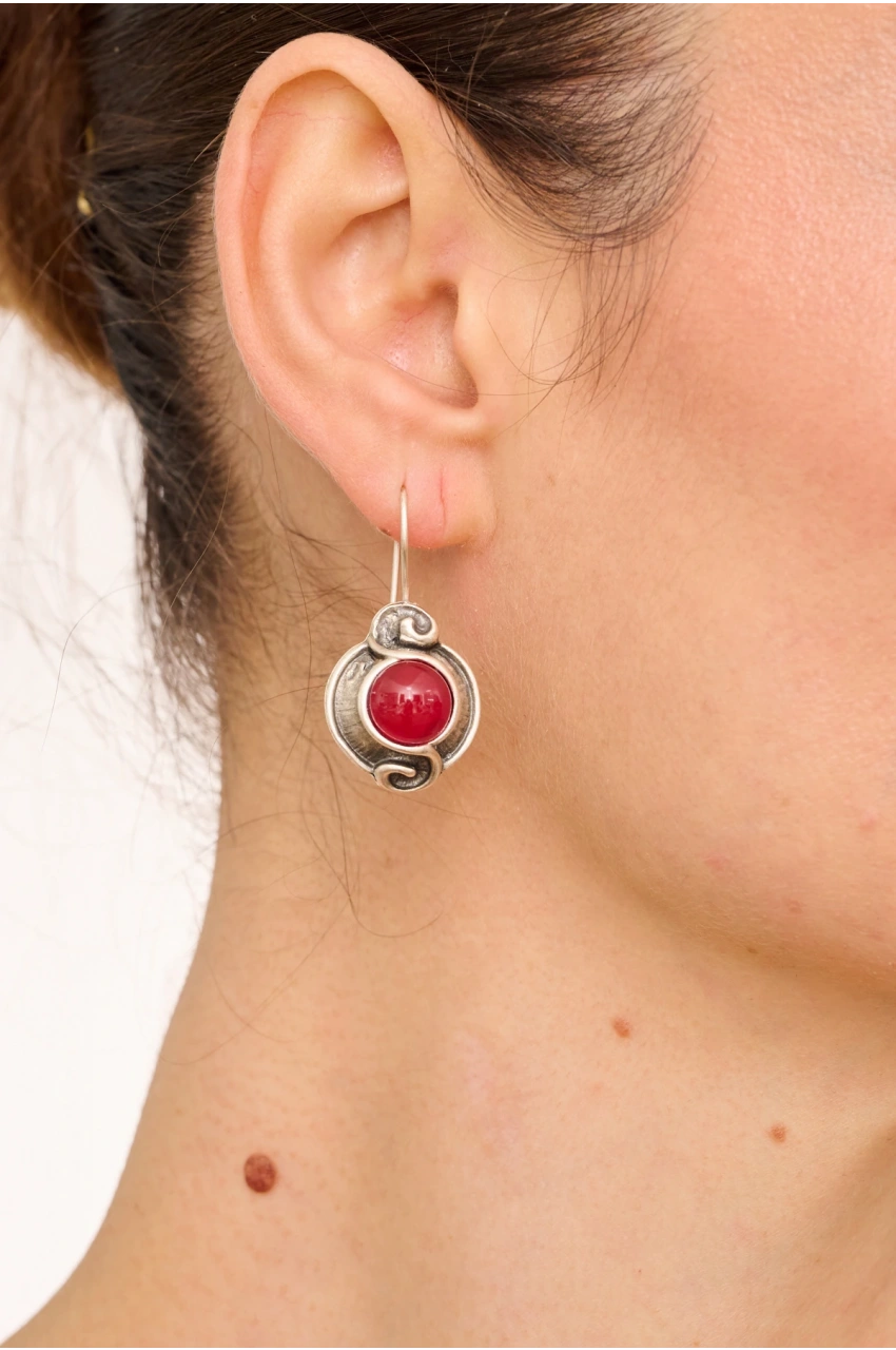Kiraz Burgundy Stoned Silver Plated Earring