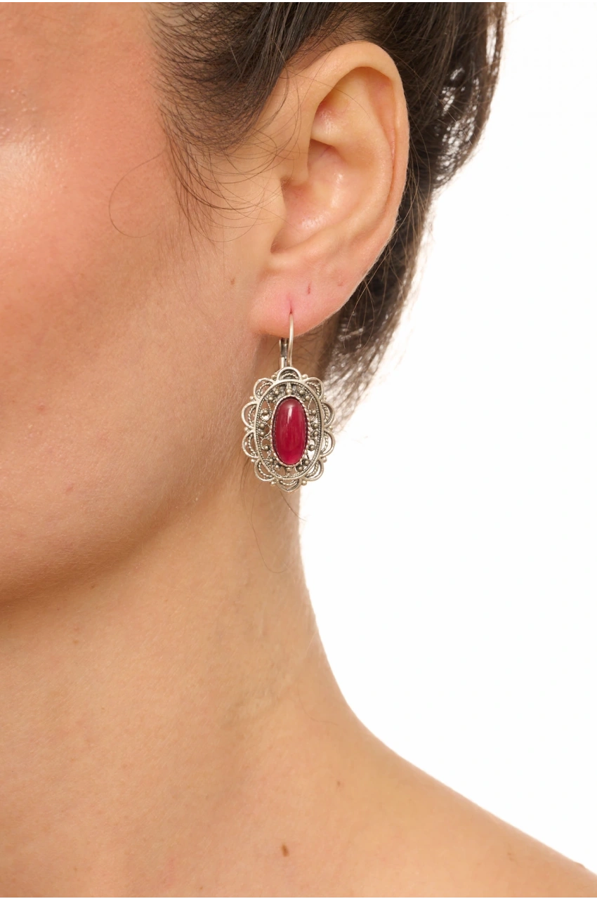 Kiraz Burgundy Stoned Silver Plated Earring