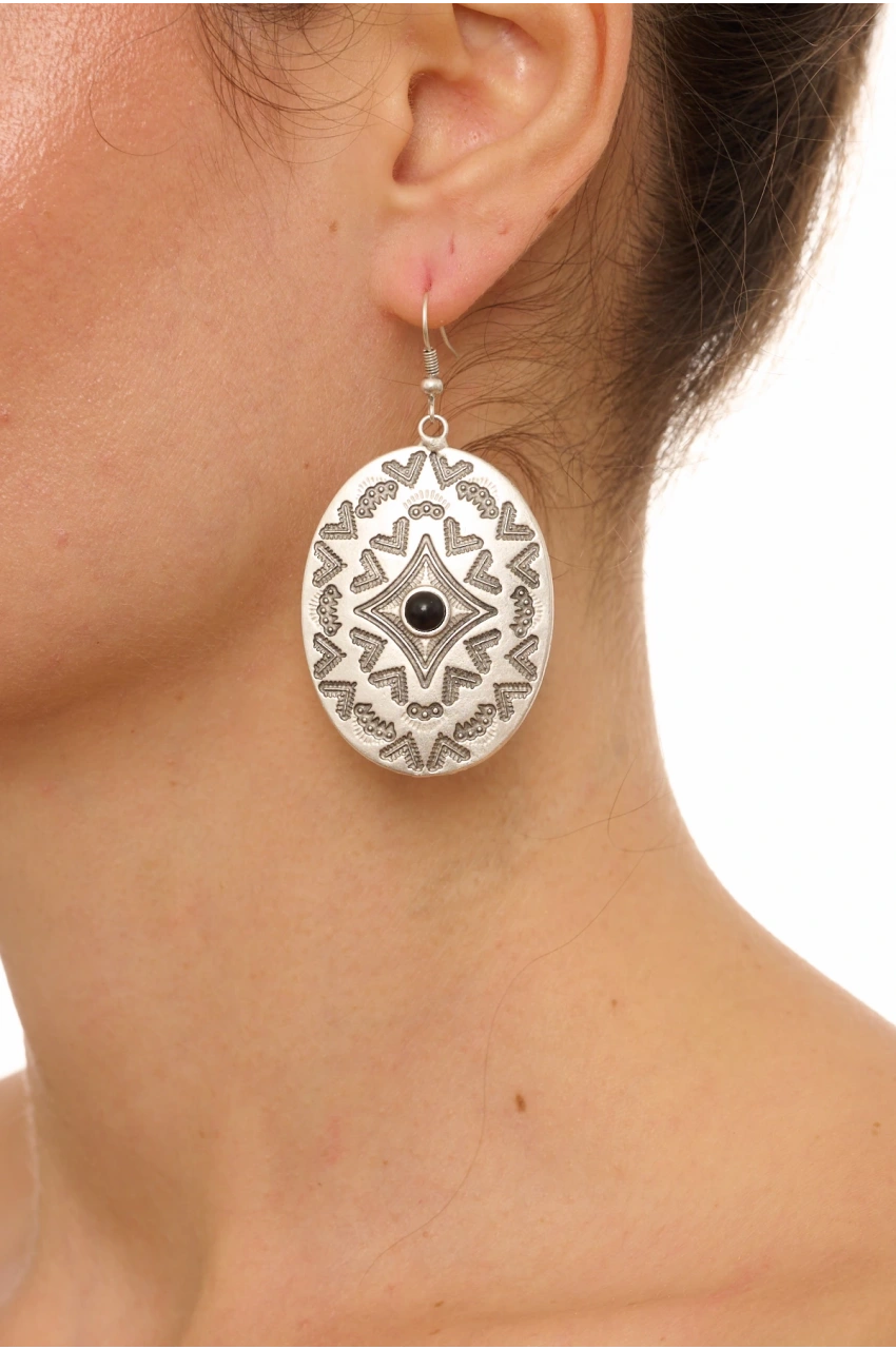 Kiraz Black Stoned Silver Plated Earring