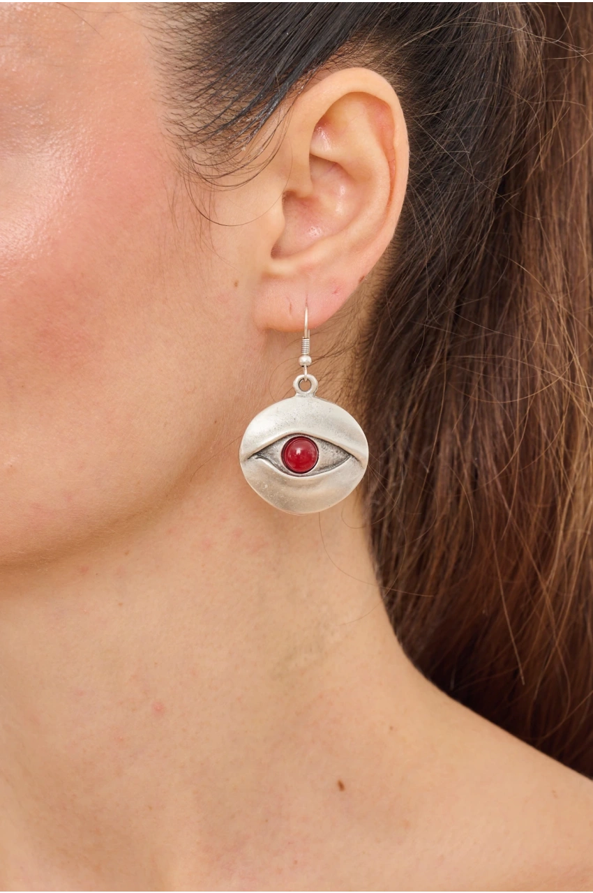 Kiraz Burgundy Stoned Silver Plated Eye Earring