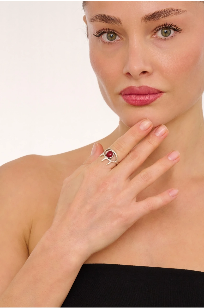 Kiraz Burgundy Stoned Silver Plated Eye Ring