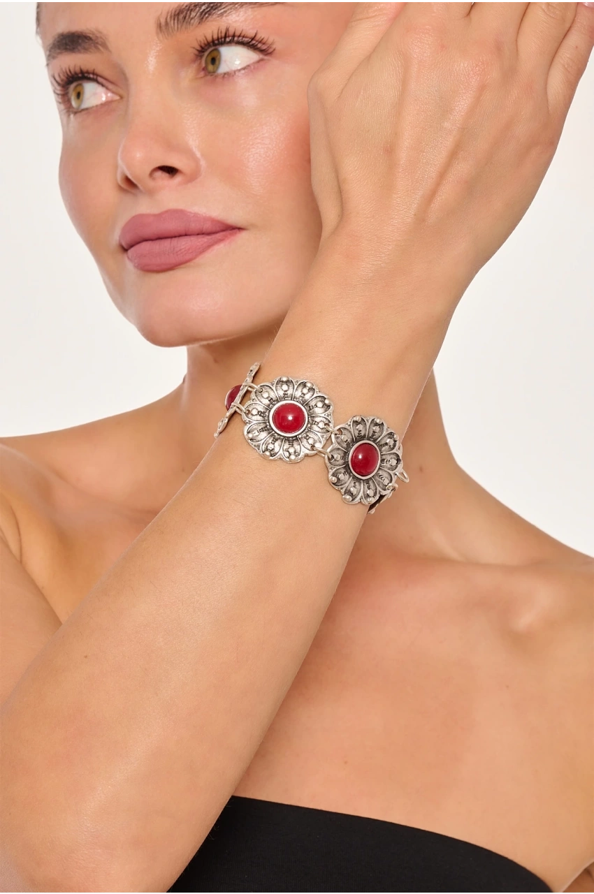 Kiraz Burgundy Stoned Silver Plated Flower Bracelet