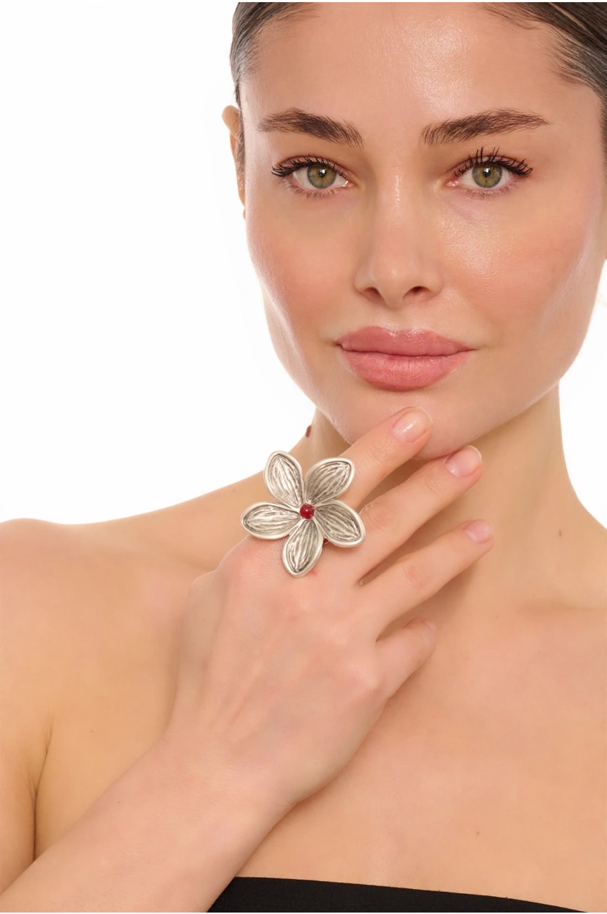 Kiraz Burgundy Stoned Silver Plated Flower Ring