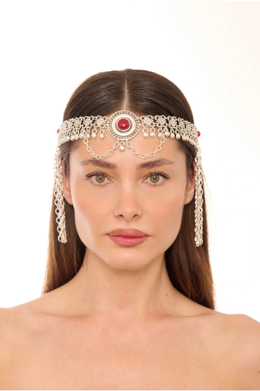 Kiraz Burgundy Stoned Silver Plated Head Accessory
