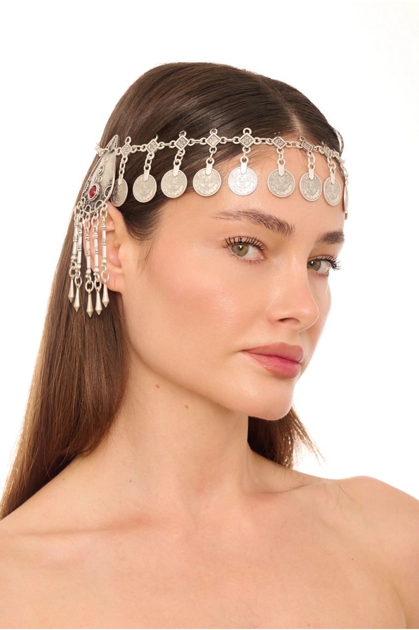Kiraz Burgundy Stoned Silver Plated Head Accessory