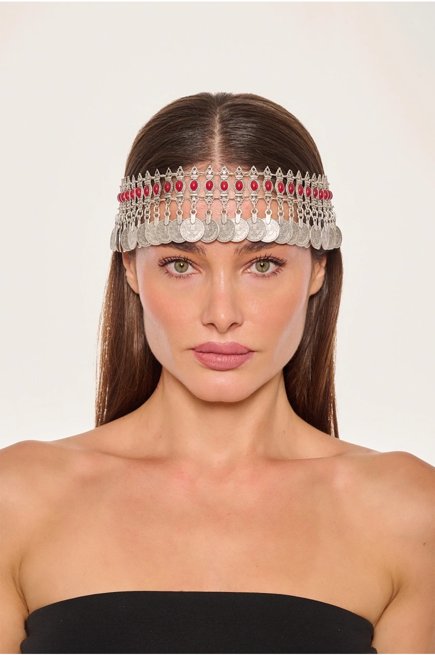 Kiraz Burgundy Stoned Silver Plated Head Accessory