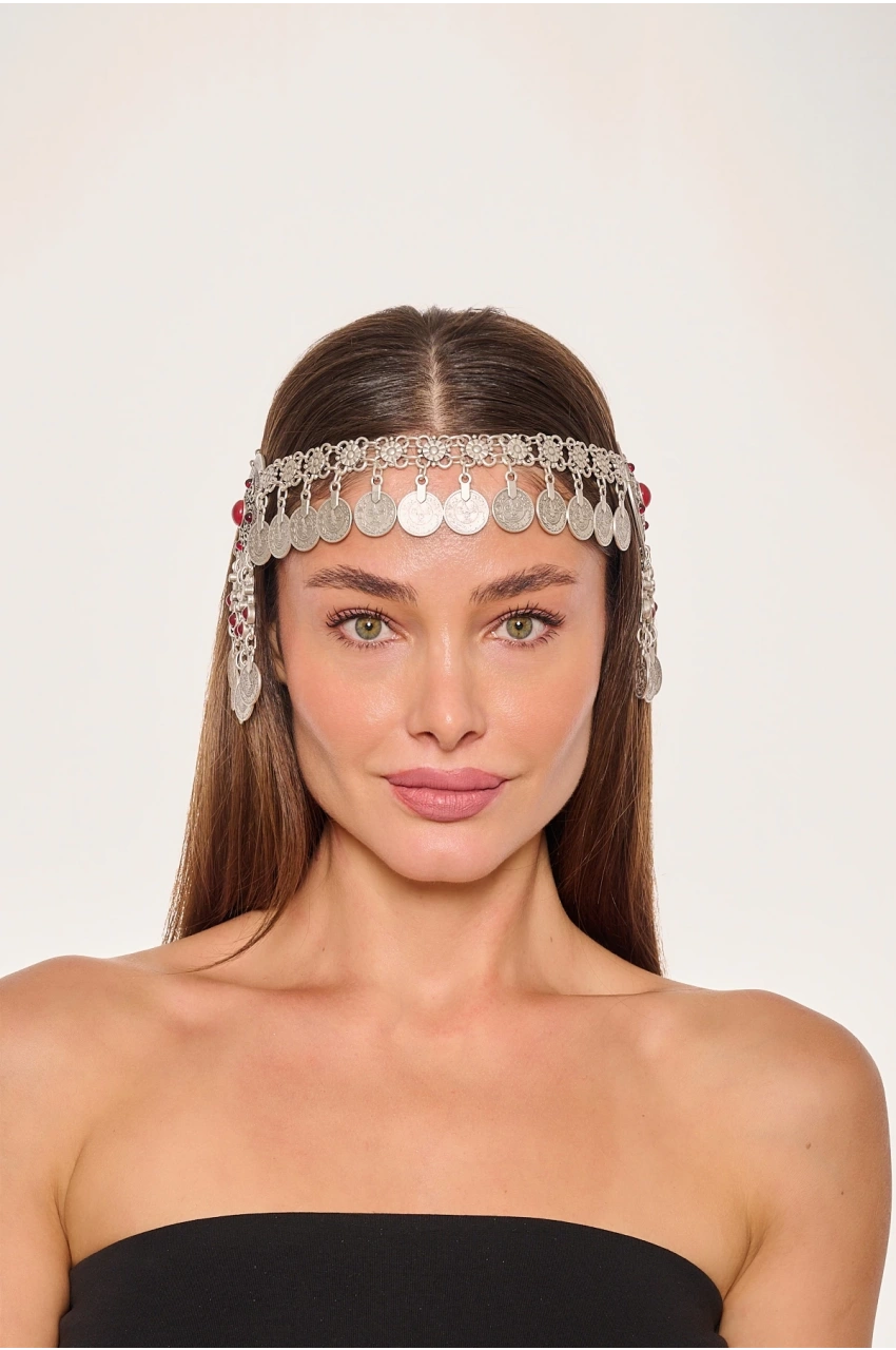 Kiraz Burgundy Stoned Silver Plated Head Accessory